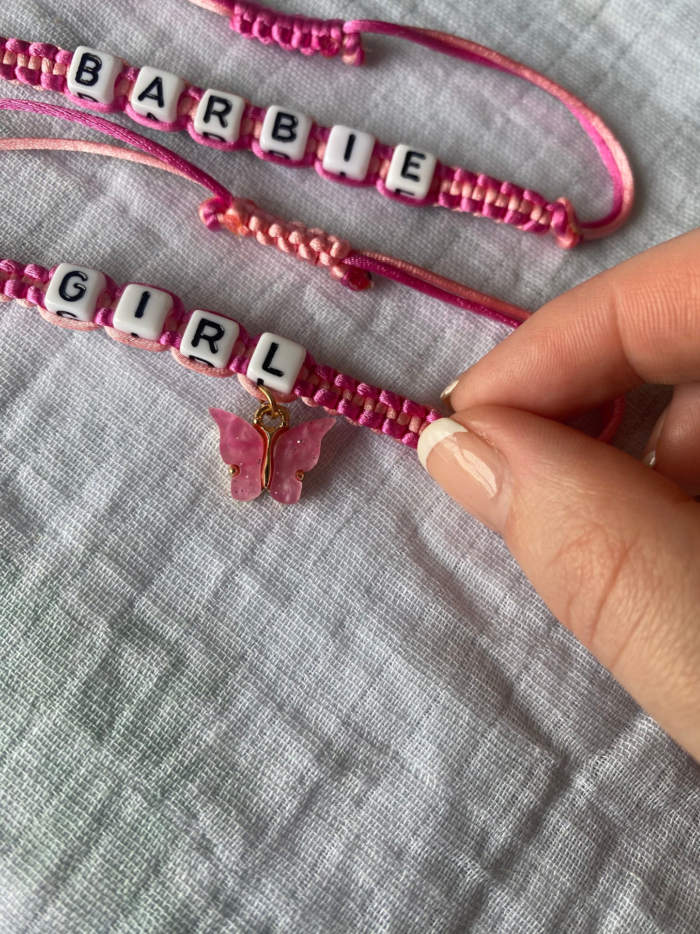 Handmade satin cord macrame bracelet set of two barbie girl